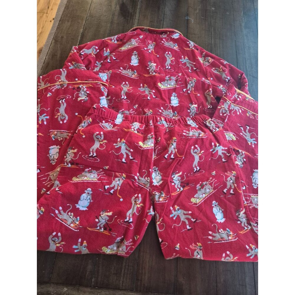 Nick & Nora Red Pajama Set Skiing Sock Monkeys Size M - Picture 7 of 7